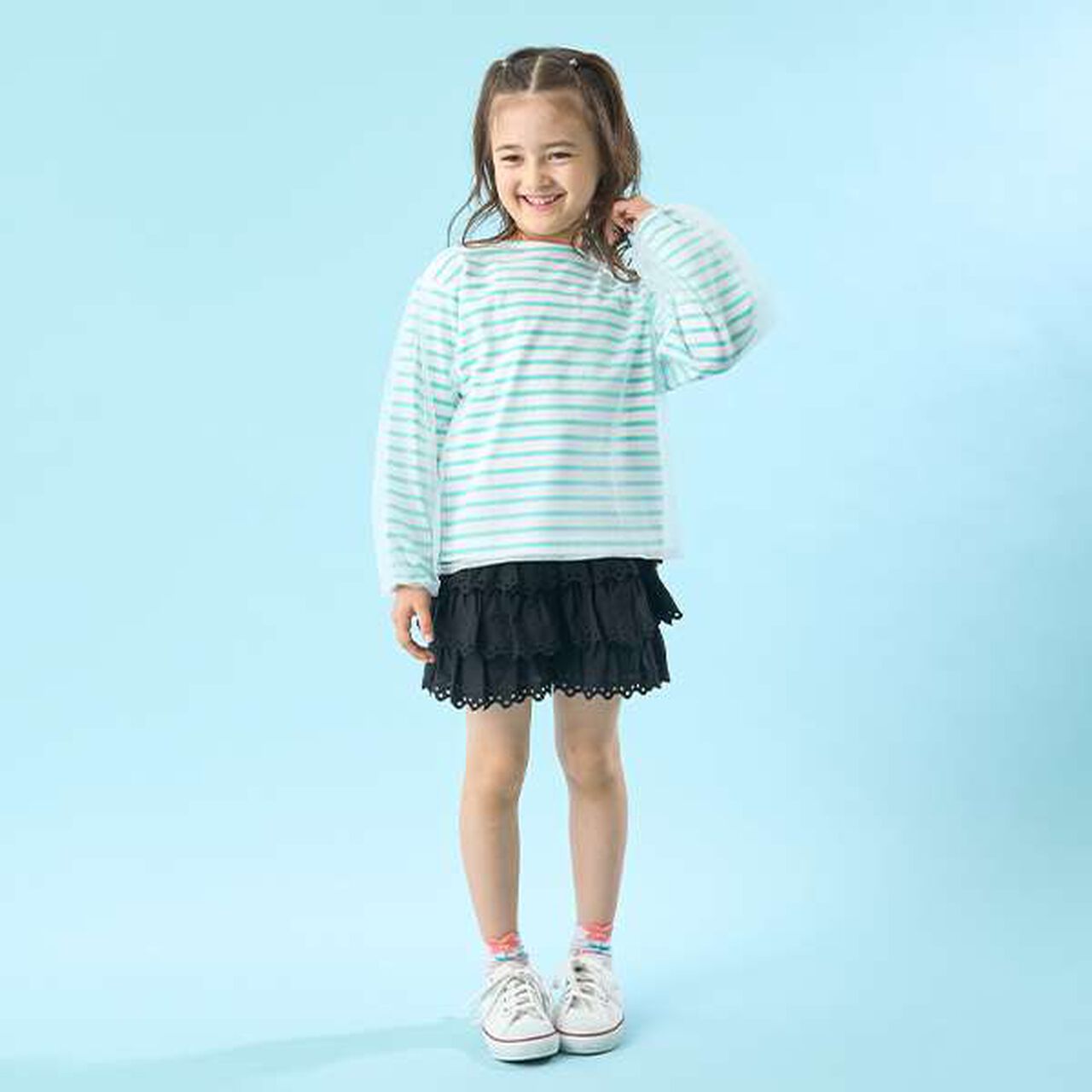 Soft Cotton Tulle Layered Stripe Boat Neck T-Shirt,Blue, large image number 23