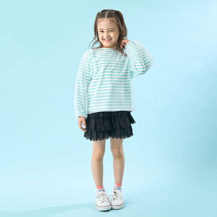 Soft Cotton Tulle Layered Stripe Boat Neck T-Shirt,Blue, medium image number 23