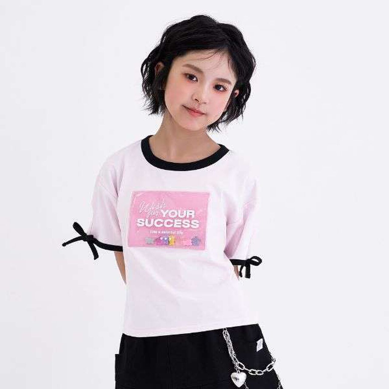 [Cool Touch] Lame Clear Patch Short-Sleeve Ribbon T-Shirt,Black, large image number 10