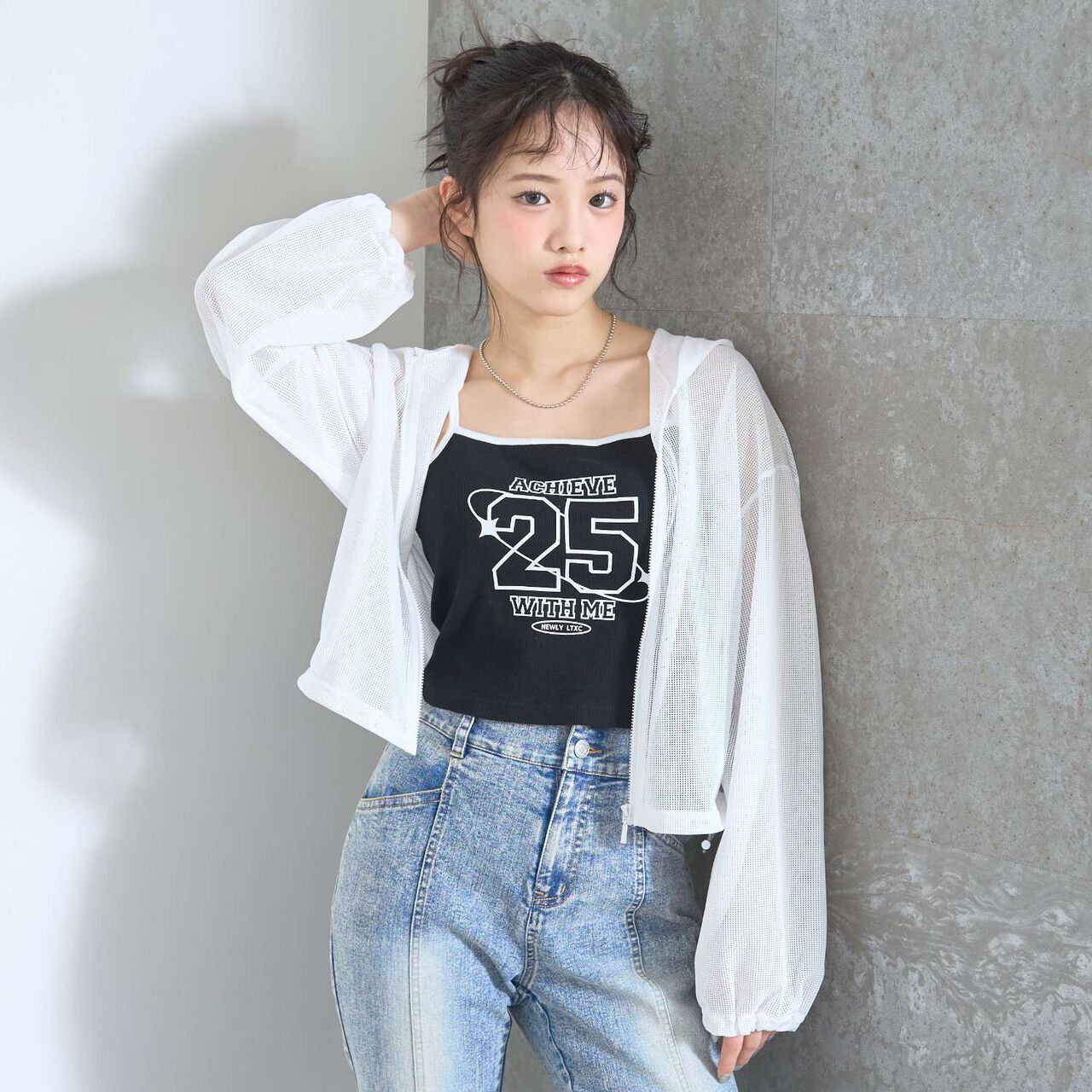 [LTXC/Antibacterial Deodorant] Mesh Hoodie with Camisole,Off white, large image number 0