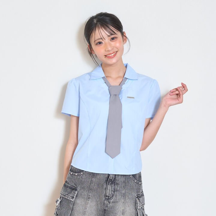 [LTXC] Stylish Short-Sleeve Shirt with Trendy Tie,Blue, medium image number 0