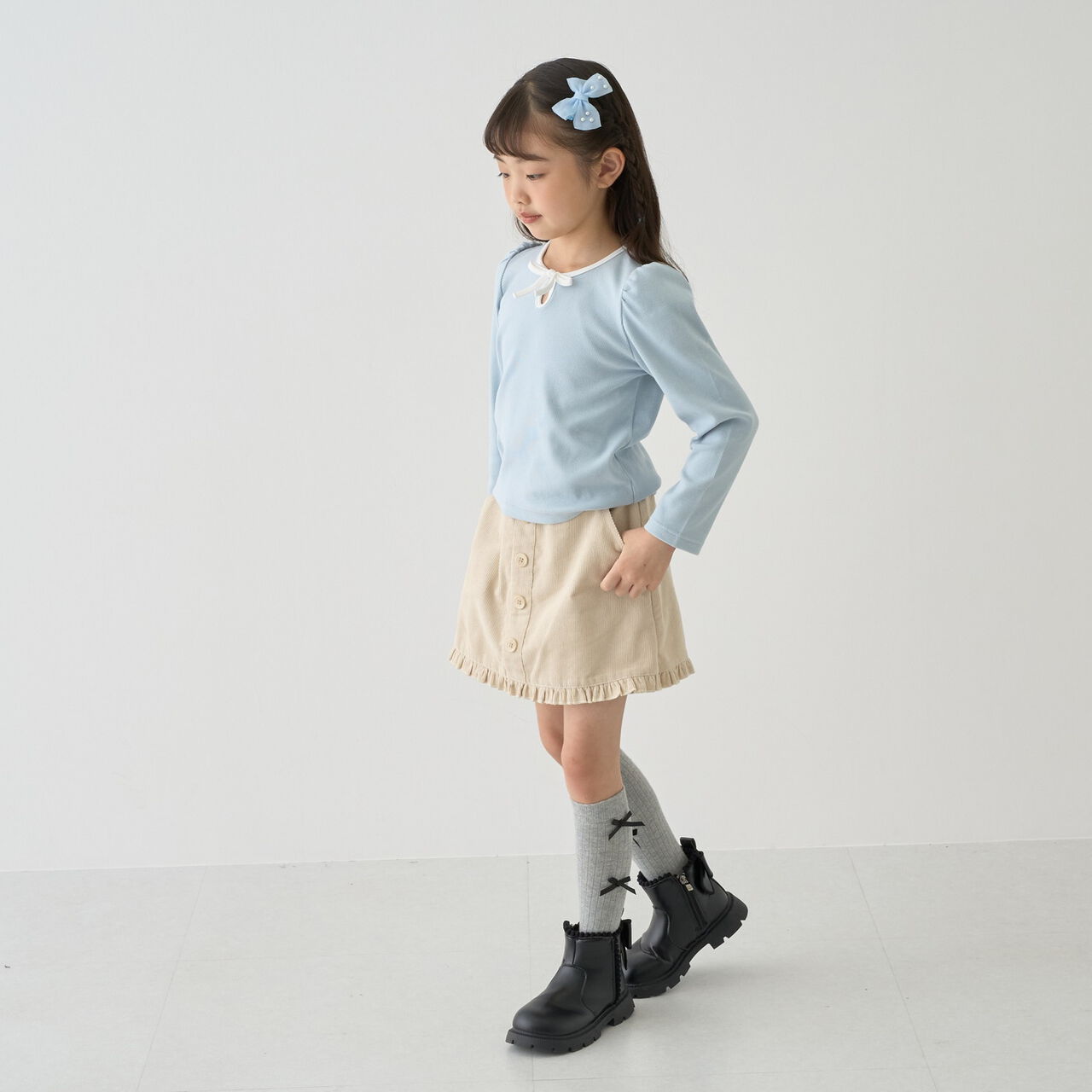 [Mini Length] Bi-Color Ribbon Ribbed Top,Blue gray, large image number 4