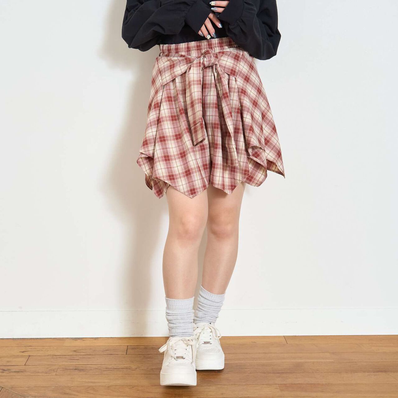 [LTXC] Waist Wrap Style Checkered Culottes,Black, large image number 1