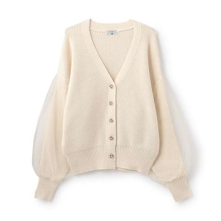 [AMI] Overlay Tulle Sleeve V-Neck Cardigan,Ivory, medium image number 10