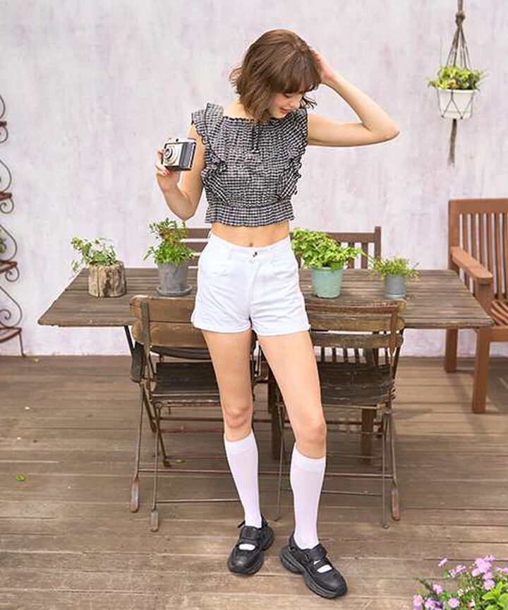 Frill Sleeve Checkered Blouse [Korean Fashion],Black, medium image number 6