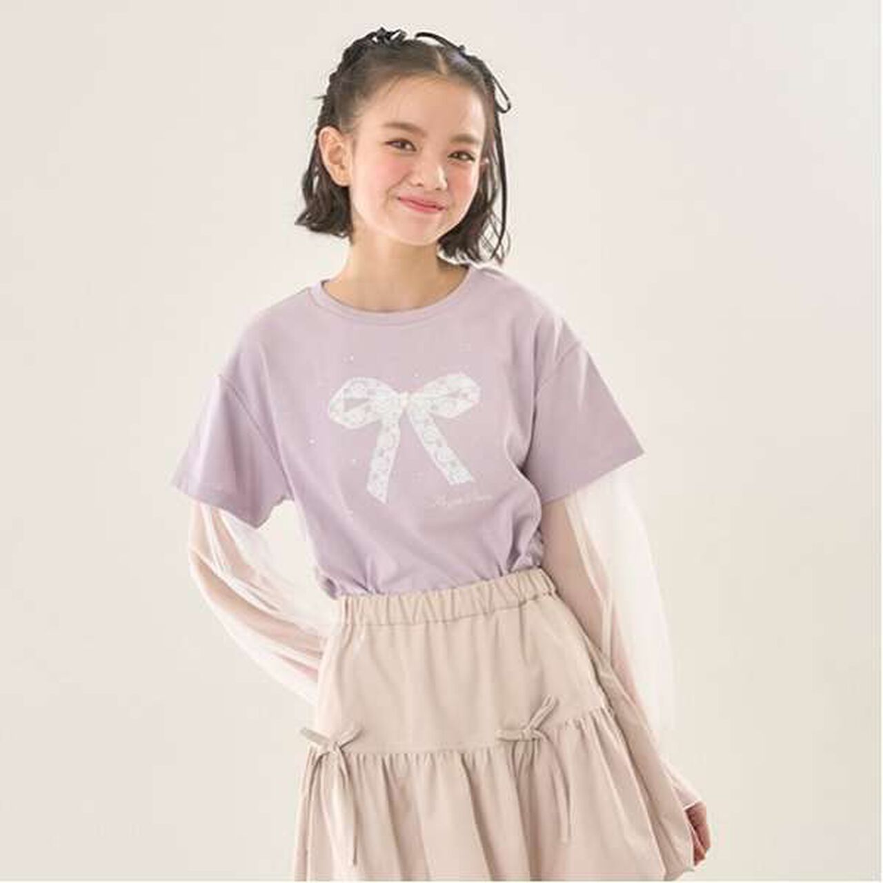 Tulle Layered Sleeve T-Shirt,Light pink, large image number 8
