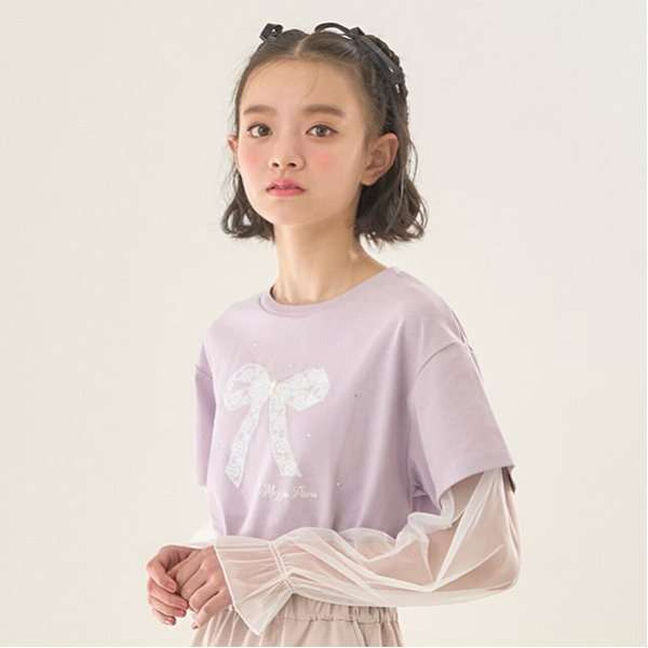 Tulle Layered Sleeve T-Shirt,Light pink, large image number 9