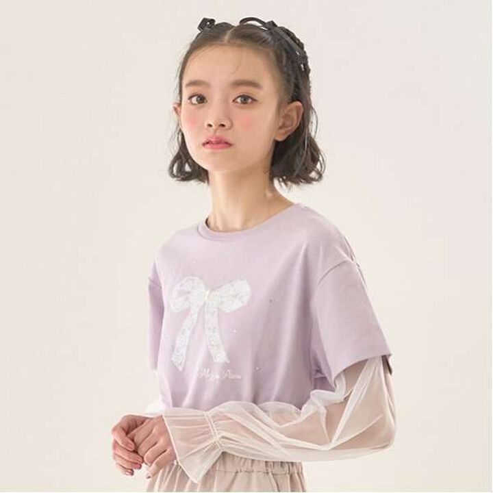 Tulle Layered Sleeve T-Shirt,Light pink, medium image number 9