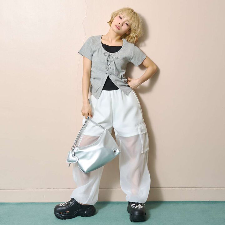 Lace-Up Ribbed Short-Sleeve T-Shirt,Top gray, medium image number 3