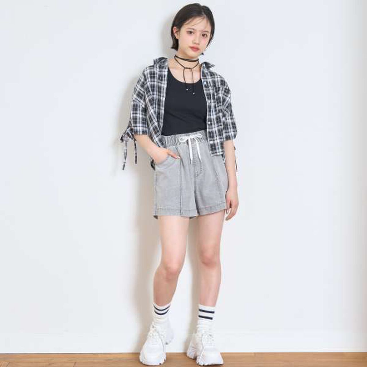 Drawstring Short-Sleeve Checkered Shirt,Blue, large image number 4