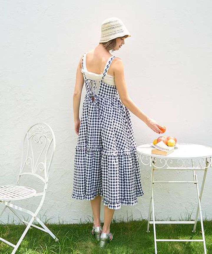 Gingham Check Camisole One-Piece Dress [Korean Fashion],Black, medium image number 1