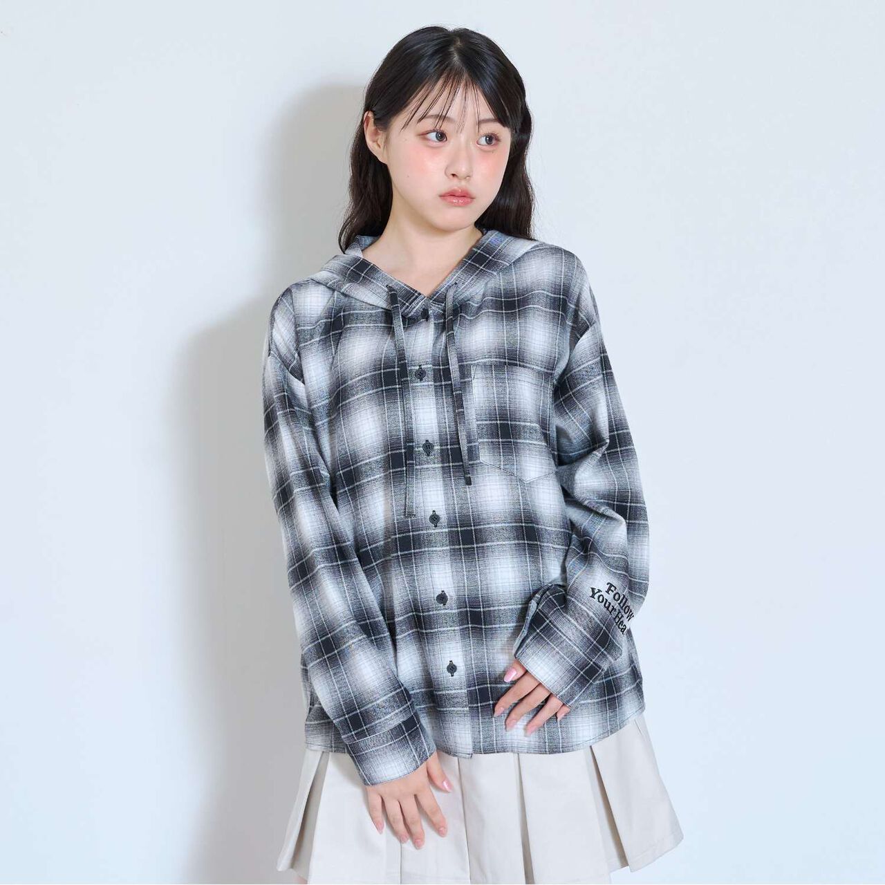 [LTXC] 格紋連帽寬鬆襯衫外套,黑色, large image number 5