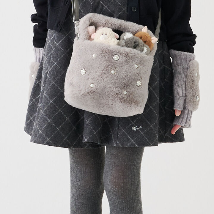 Faux Fur Mini Shoulder Bag with Pearls,Light gray, medium image number 0