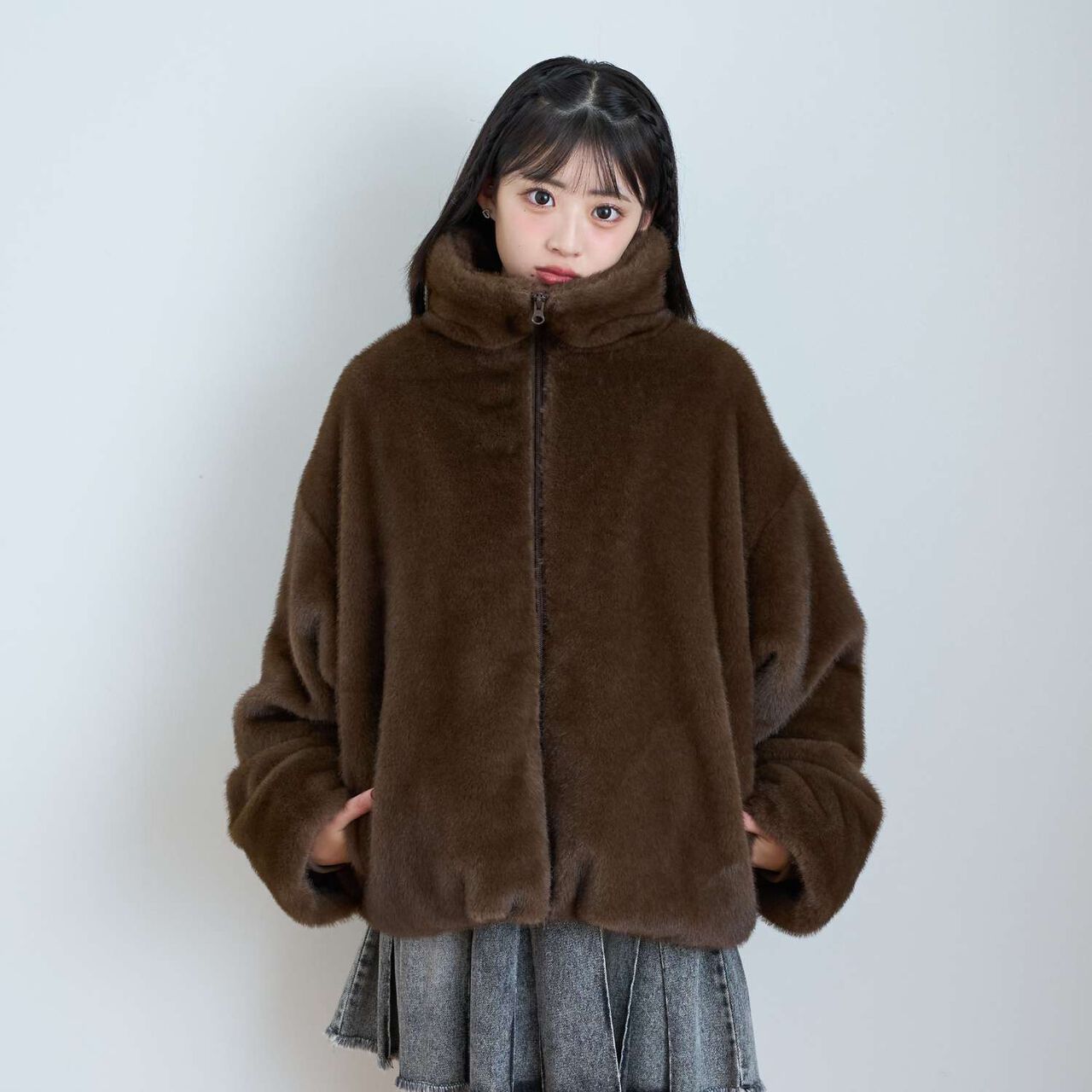 Double Zipper Faux Fur Bomber Jacket,Off white, large image number 5