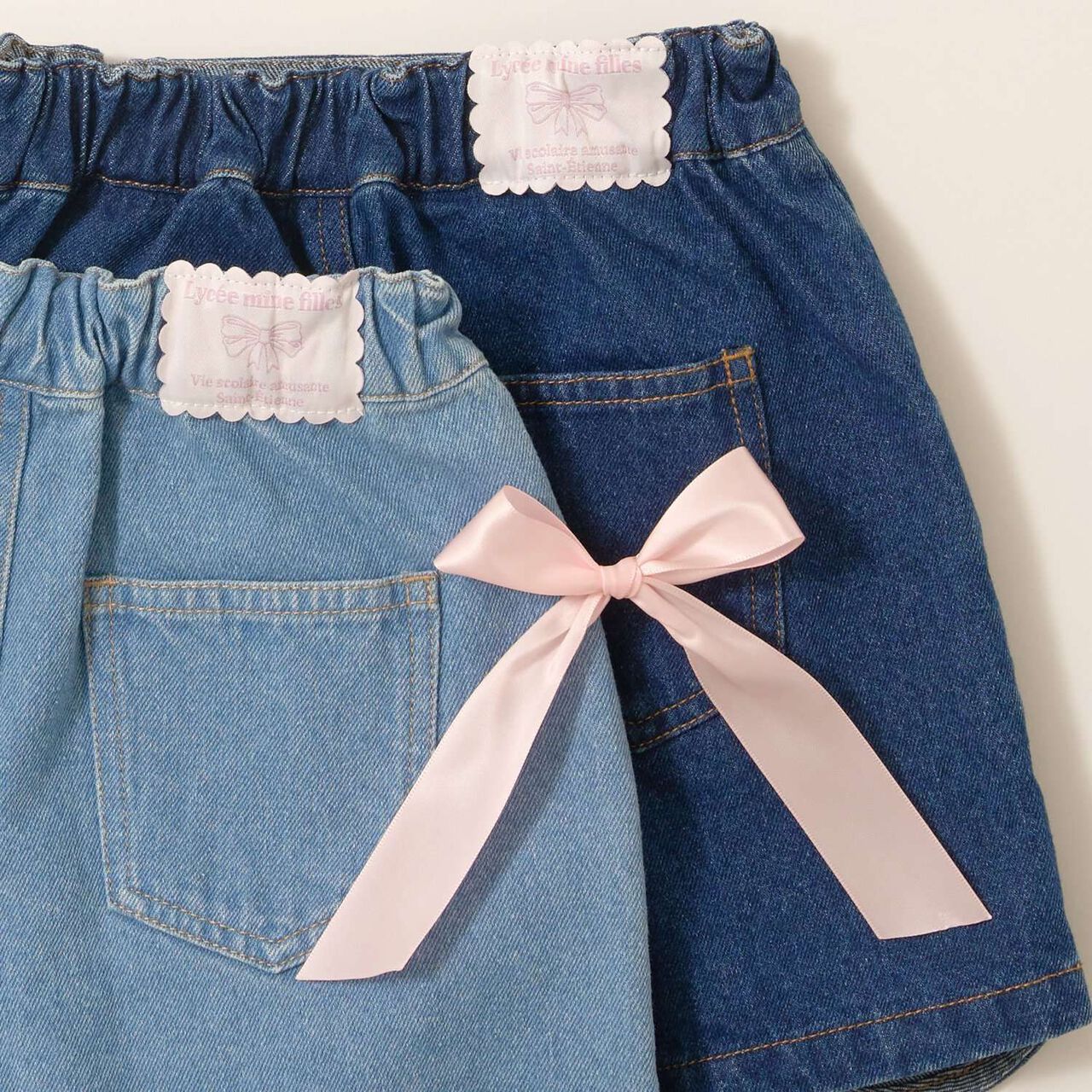 Stretch Denim Scallop Trim Skirt with Shorts,Sax blue, large image number 14