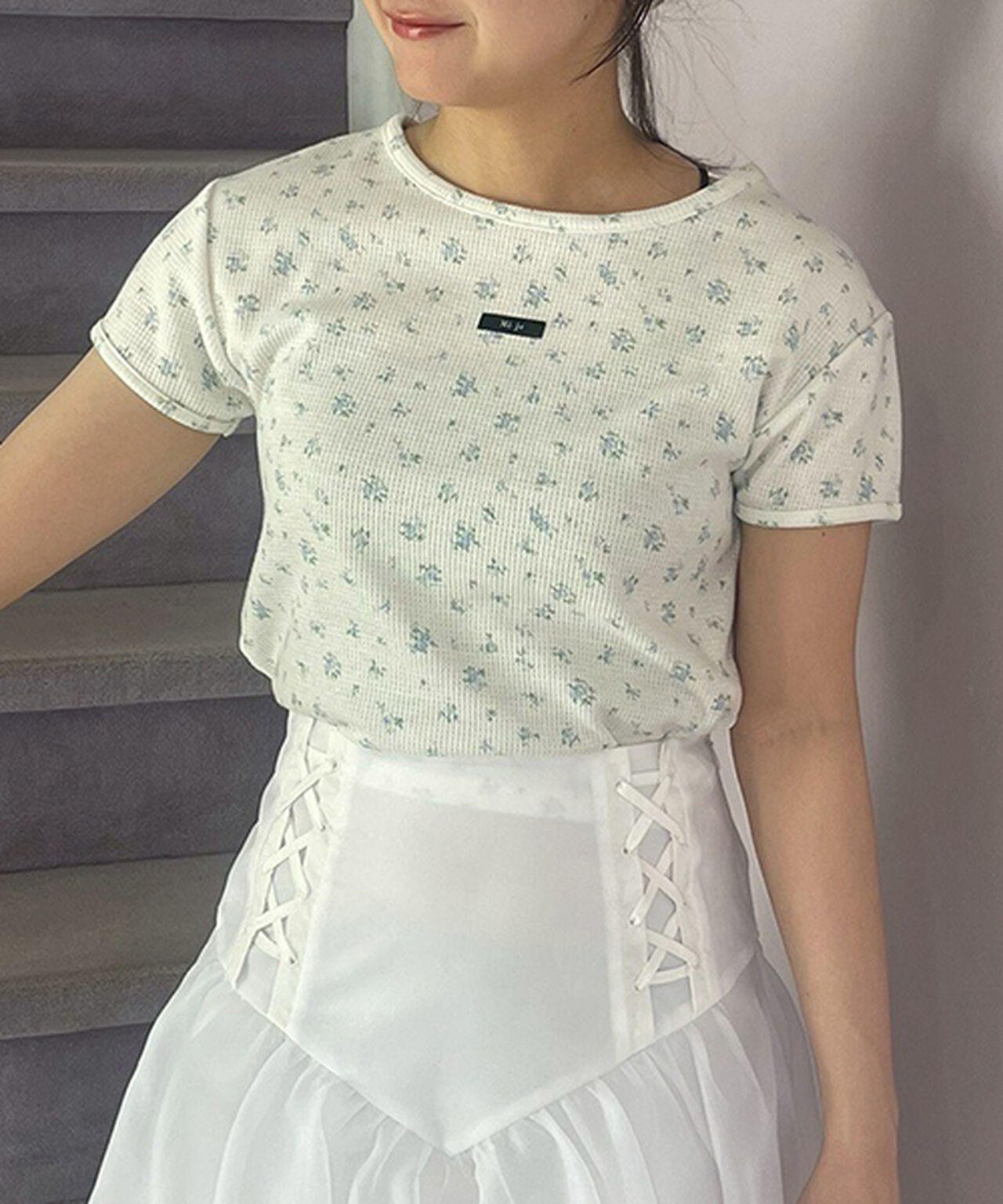 Small Floral Pattern Waffle Short Sleeve T-Shirt,Ivory, large image number 0