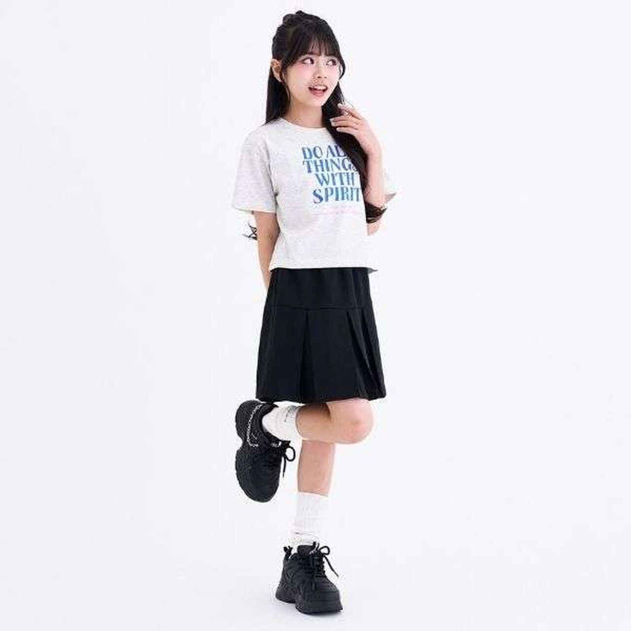 [3way Cool Touch] Logo Short-Sleeve T-Shirt & Pleated Skirt Outfit Set,Smoke white, large image number 4
