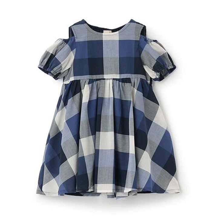 [Link] Off-Shoulder Check One-Piece Dress,Blue, medium image number 15