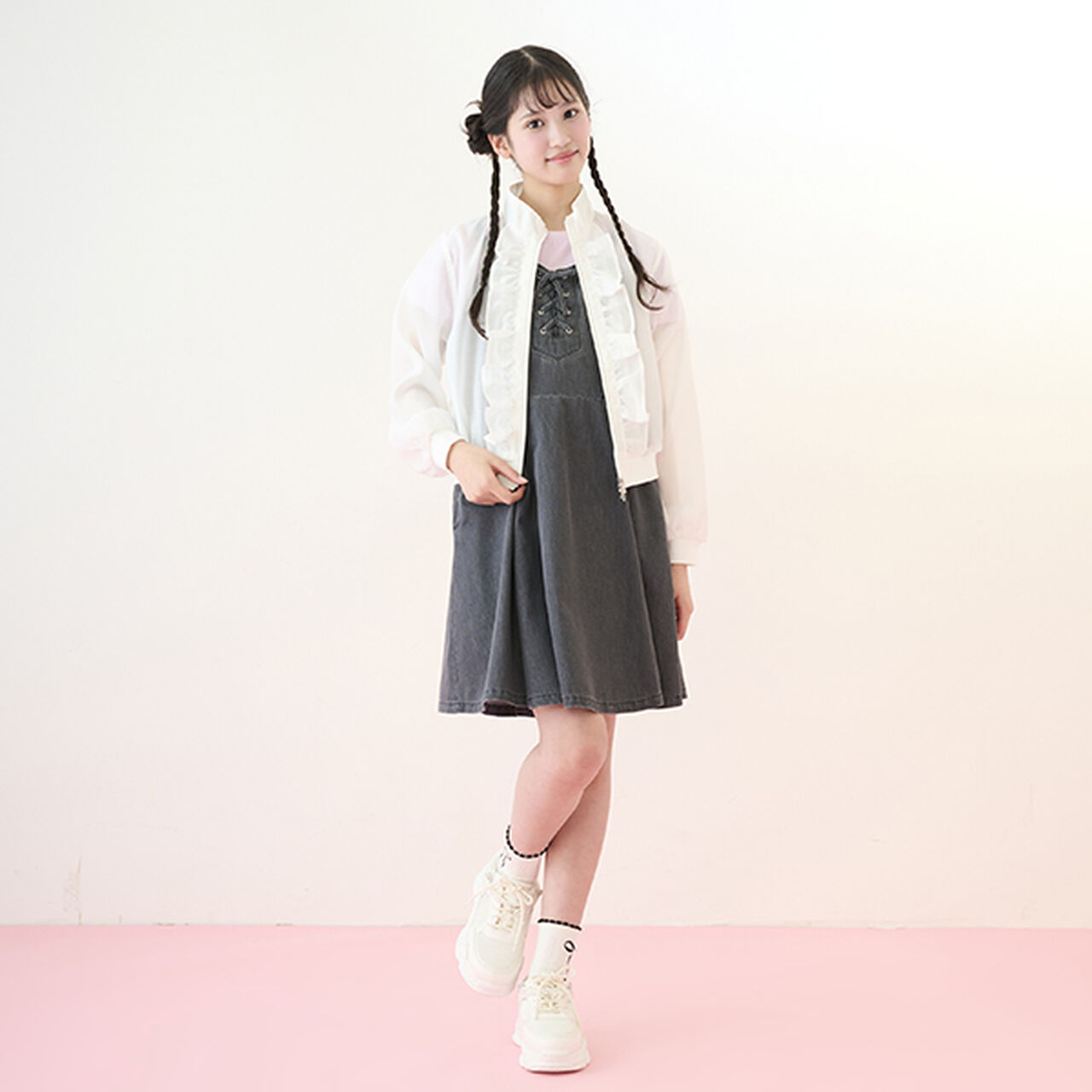 [Cool Touch] Side Slit Lace-Up Jumper Skirt Set,Blue, large image number 19