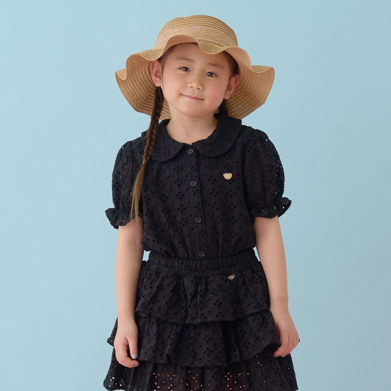 [100% Cotton] Lace Puff Sleeve Blouse for Girls Kids,Black, large image number 0