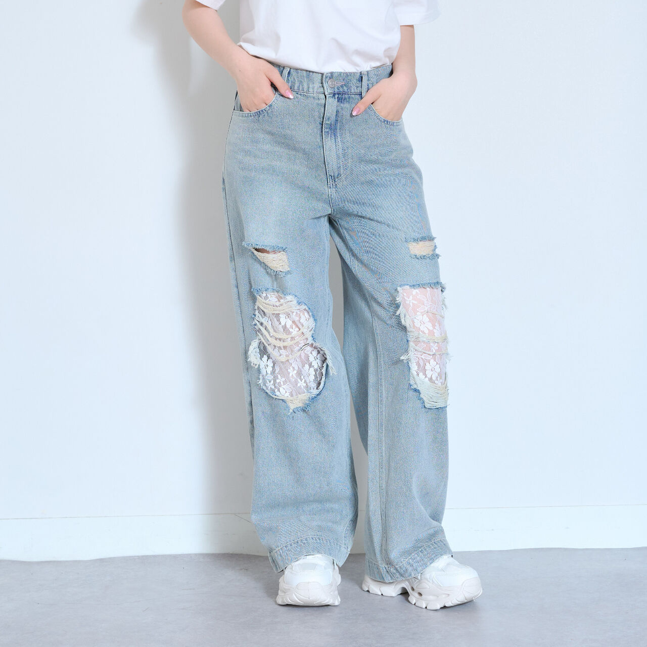 [LTXC] Lace Distressed Denim Wide Pants,Blue, large image number 3