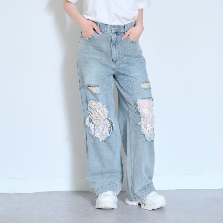 [LTXC] Lace Distressed Denim Wide Pants,Blue, medium image number 3