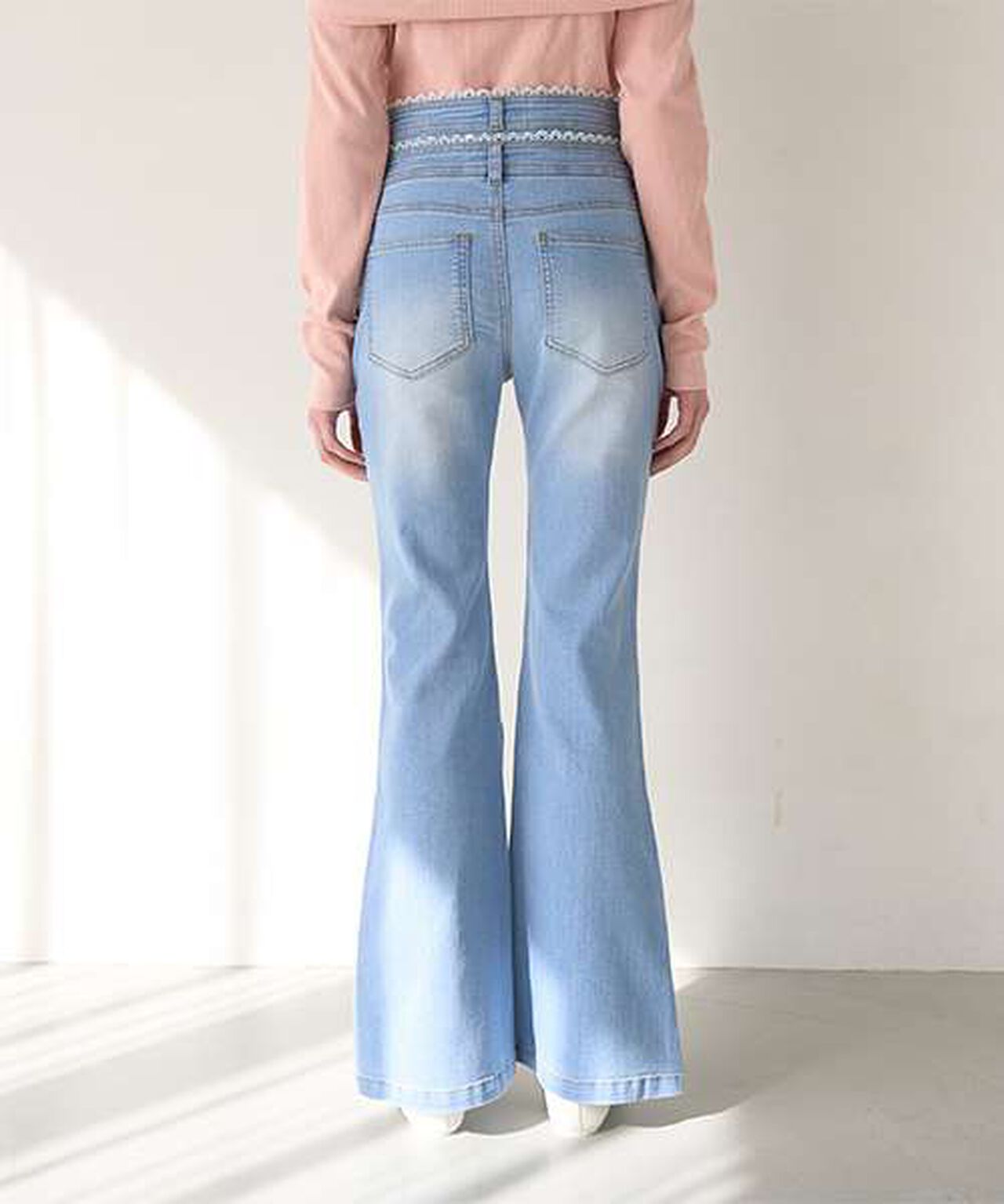 Lace-Trimmed Denim Flare Pants,Light blue, large image number 8