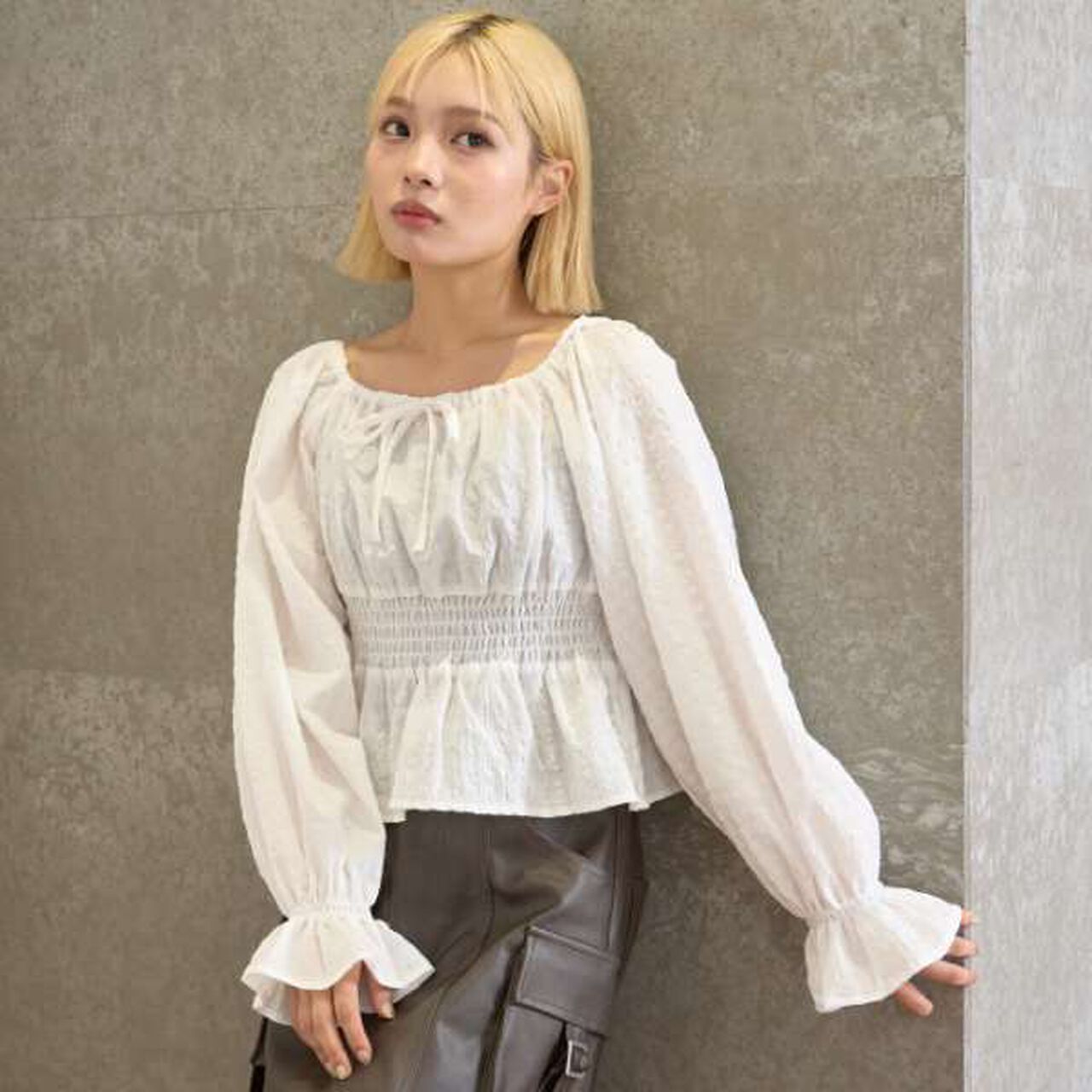 Checkered Off-Shoulder Blouse,Off white, large image number 0