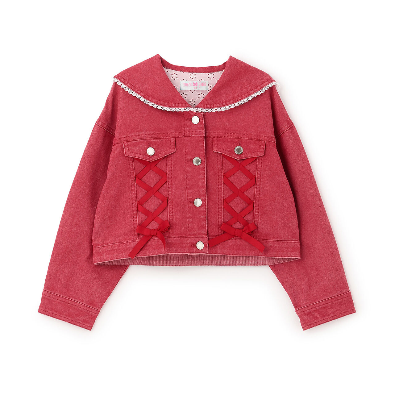 Sailor Collar Denim Jacket,Red, large image number 0