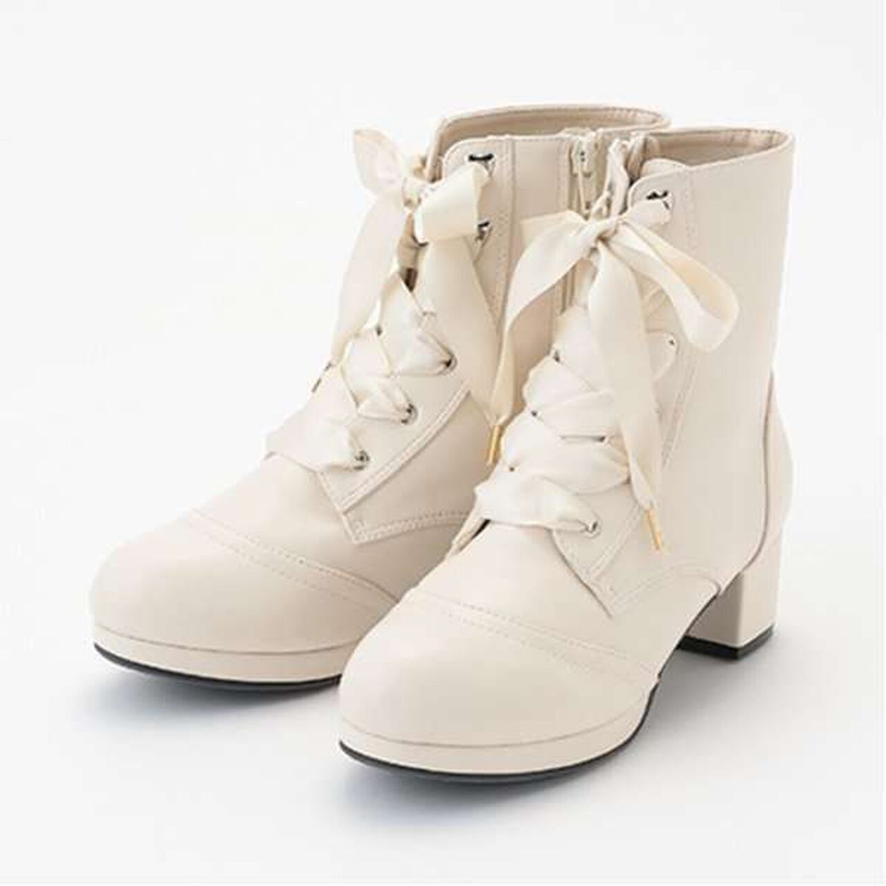 Satin Ribbon Lace-Up Short Boots,Light beige, large image number 0