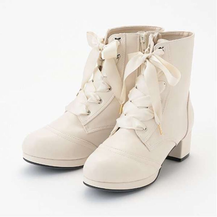 Satin Ribbon Lace-Up Short Boots,Light beige, medium image number 0