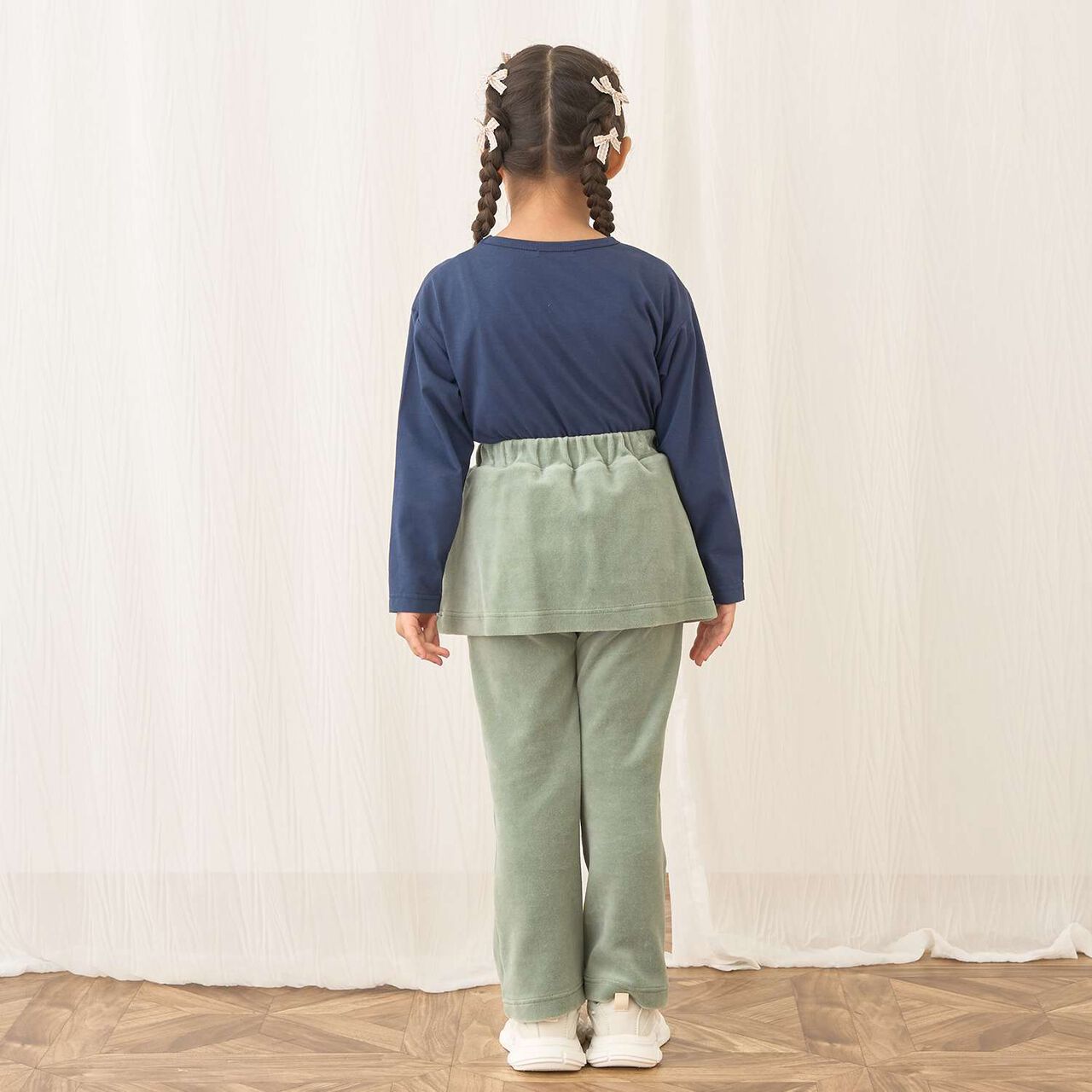 Plush Velour Coordinatable Setup Flared Pants with Skirt,Emerald green, large image number 27