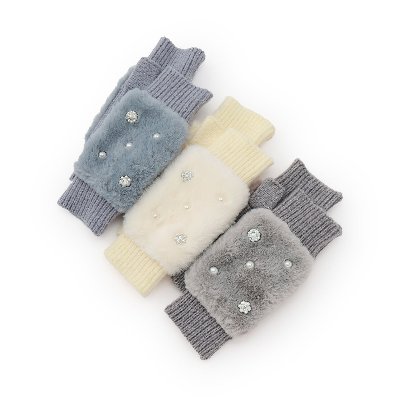 Faux Fur Mittens with Pearl Accents,Light gray, large image number 5