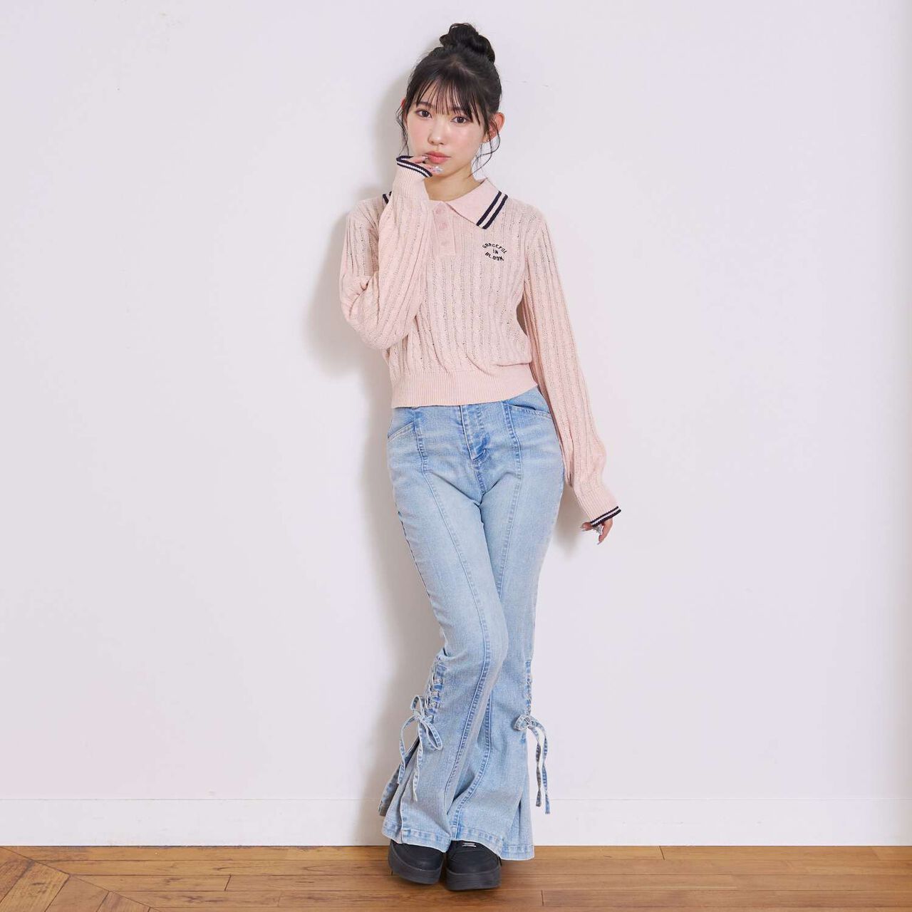 Lace-Up Flare Denim Pants,Gray, large image number 2