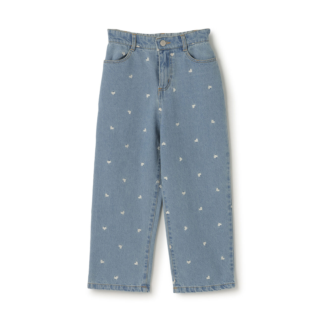 [Soft Denim] Heart Embroidered All-Over Pattern Barrel-Leg Pants for Girls [Kids],Blue, large image number 10