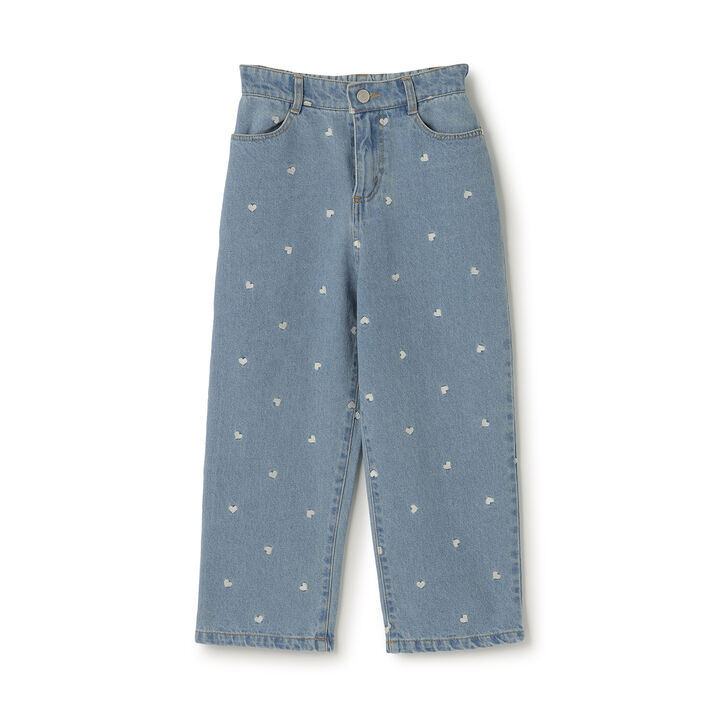 [Soft Denim] Heart Embroidered All-Over Pattern Barrel-Leg Pants for Girls [Kids],Blue, medium image number 10