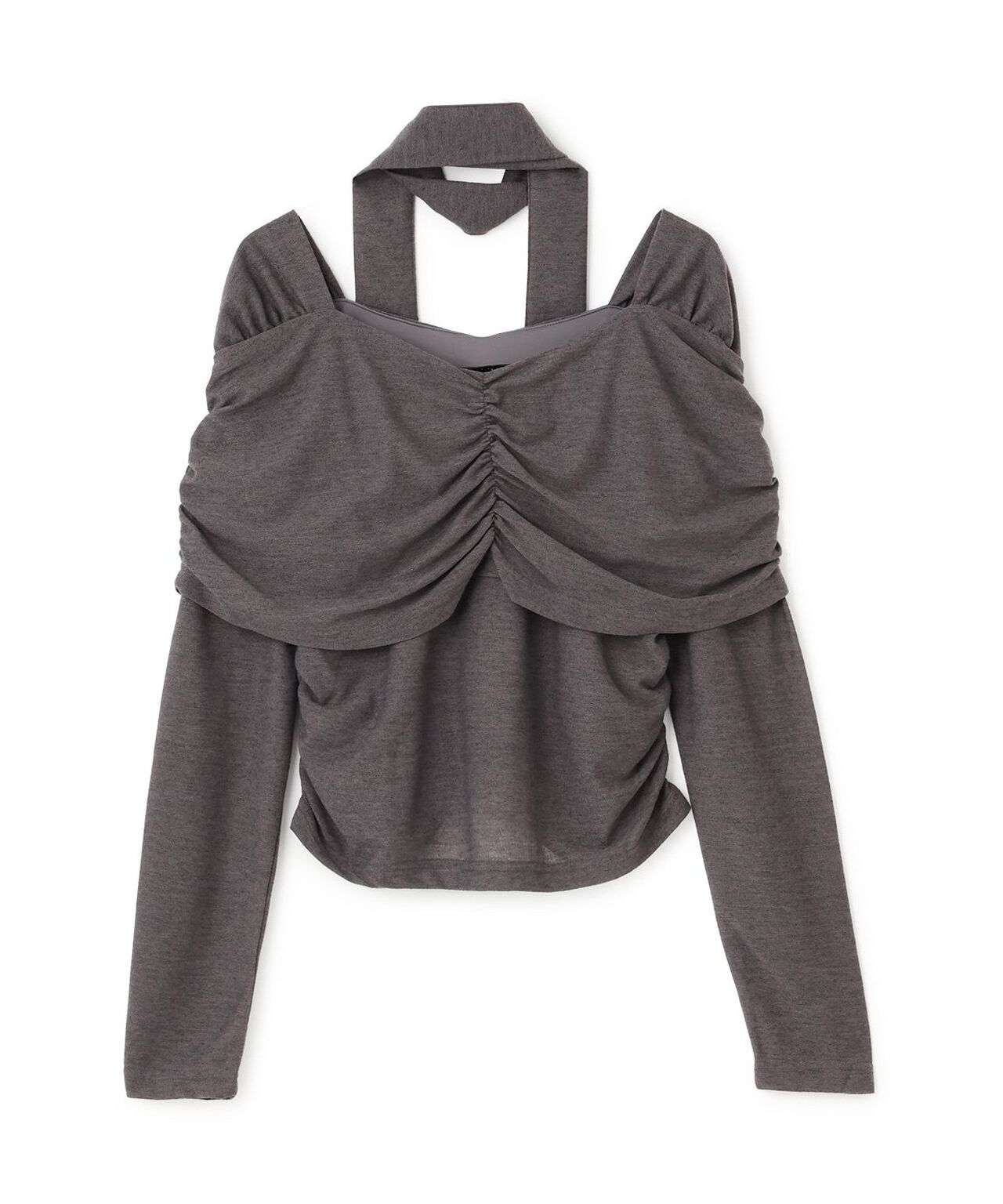 Tie-Detail Gathered Off-Shoulder Cut and Sew Top,Gray, large image number 4