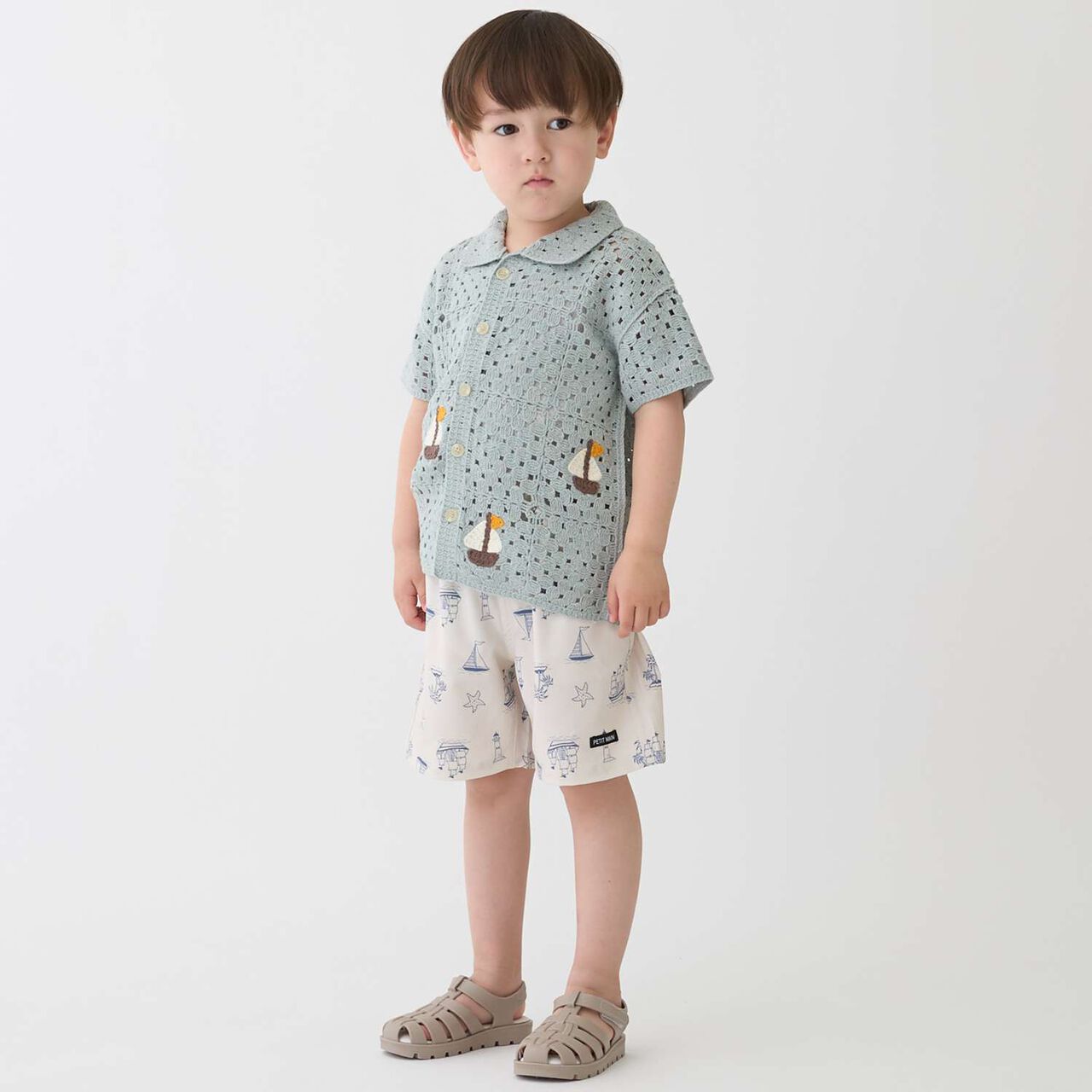 Black Crochet Open-Collar Shirt,Pearl white, large image number 5