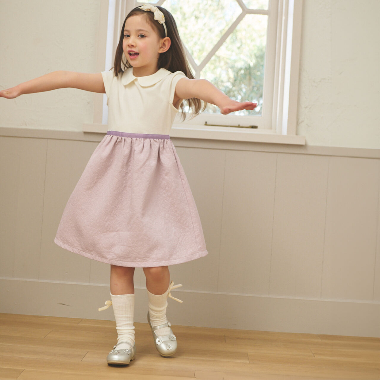 Semi-Formal Jacquard Panel One-Piece Dress,Light pink, large image number 1