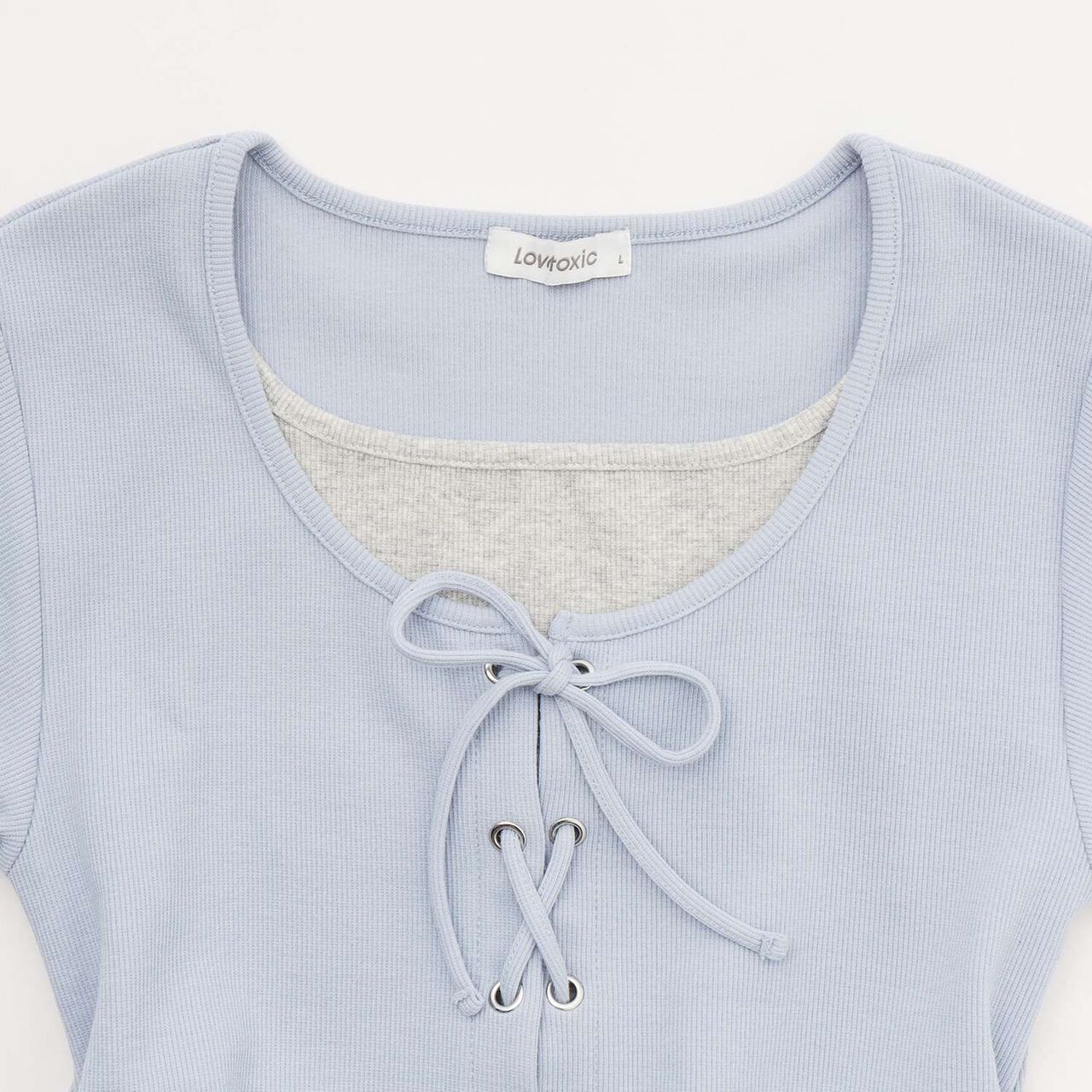 Lace-Up Ribbed Short-Sleeve T-Shirt,Top gray, large image number 13