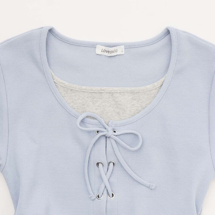 Lace-Up Ribbed Short-Sleeve T-Shirt,Top gray, medium image number 13