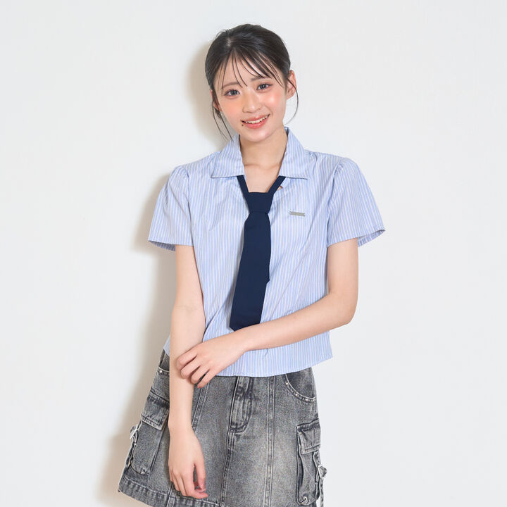 [LTXC] Stylish Short-Sleeve Shirt with Trendy Tie,Off white, medium image number 13