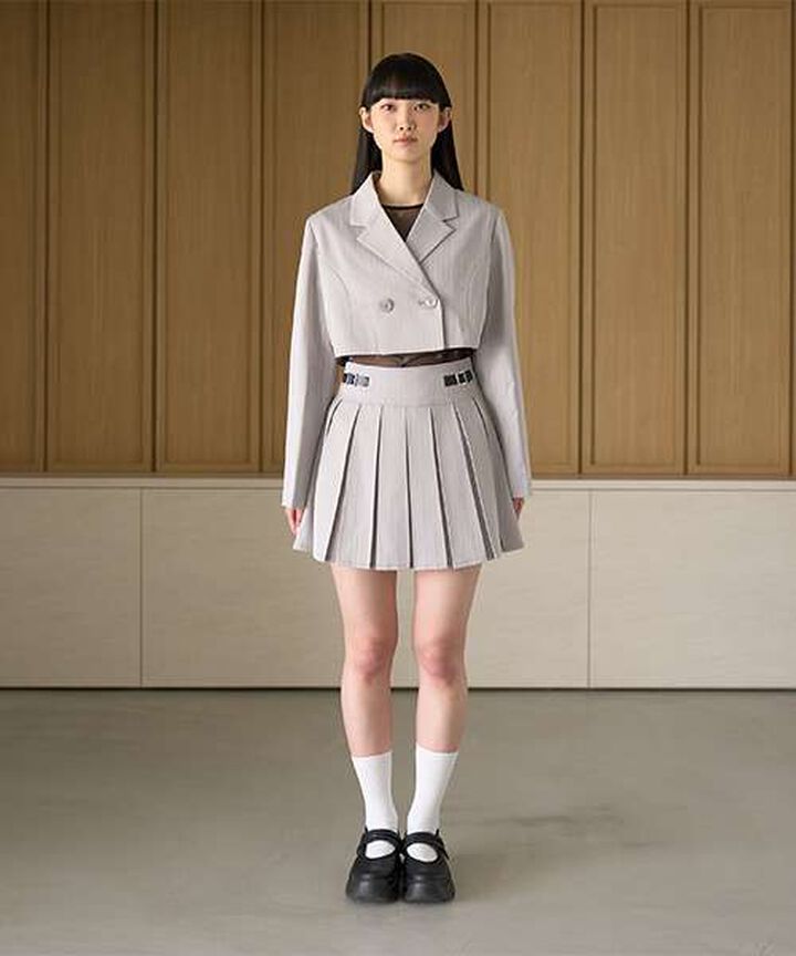 Quilted Belt Pleated Skirt,Light gray, medium image number 12