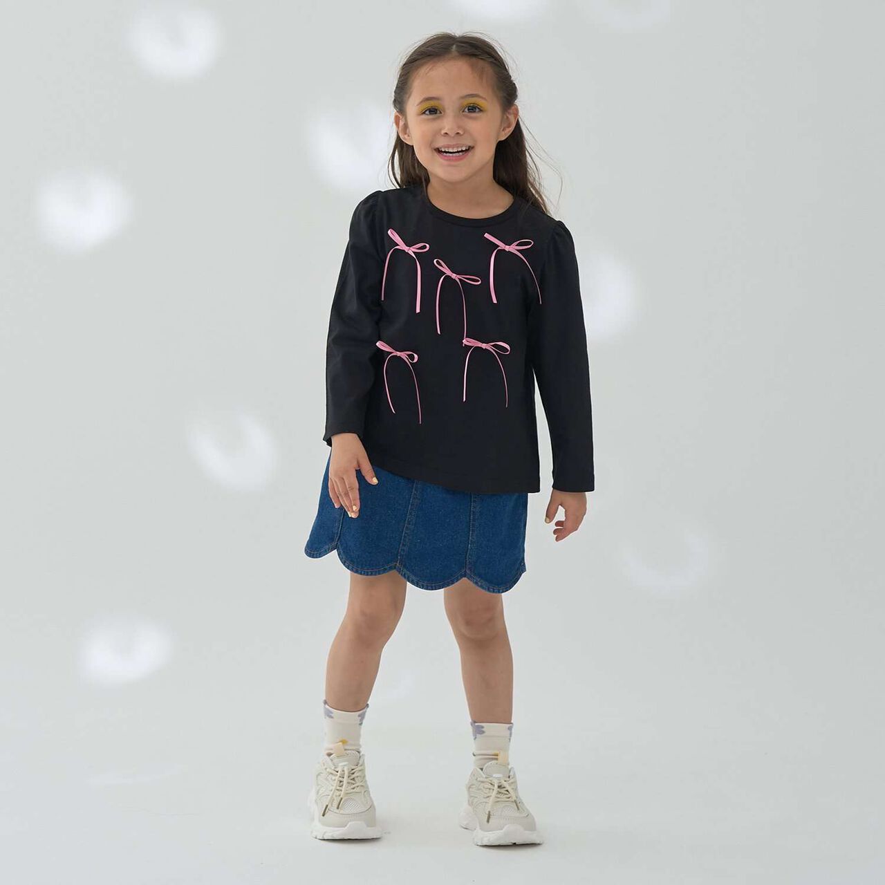 Stretch Denim Scallop Trim Skirt with Shorts,Sax blue, large image number 19