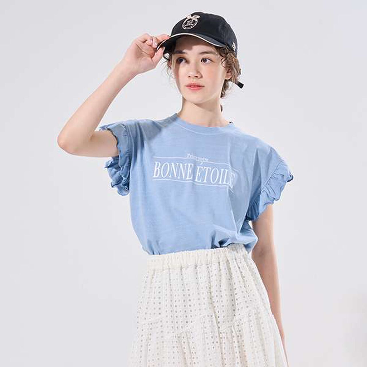 [AMI] Sleeve Frill Pigment T-Shirt,Sax blue, large image number 0