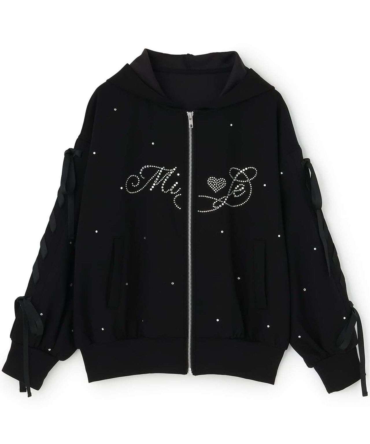 Lace-Up Stone Wash Loose Hoodie,Black, large image number 0