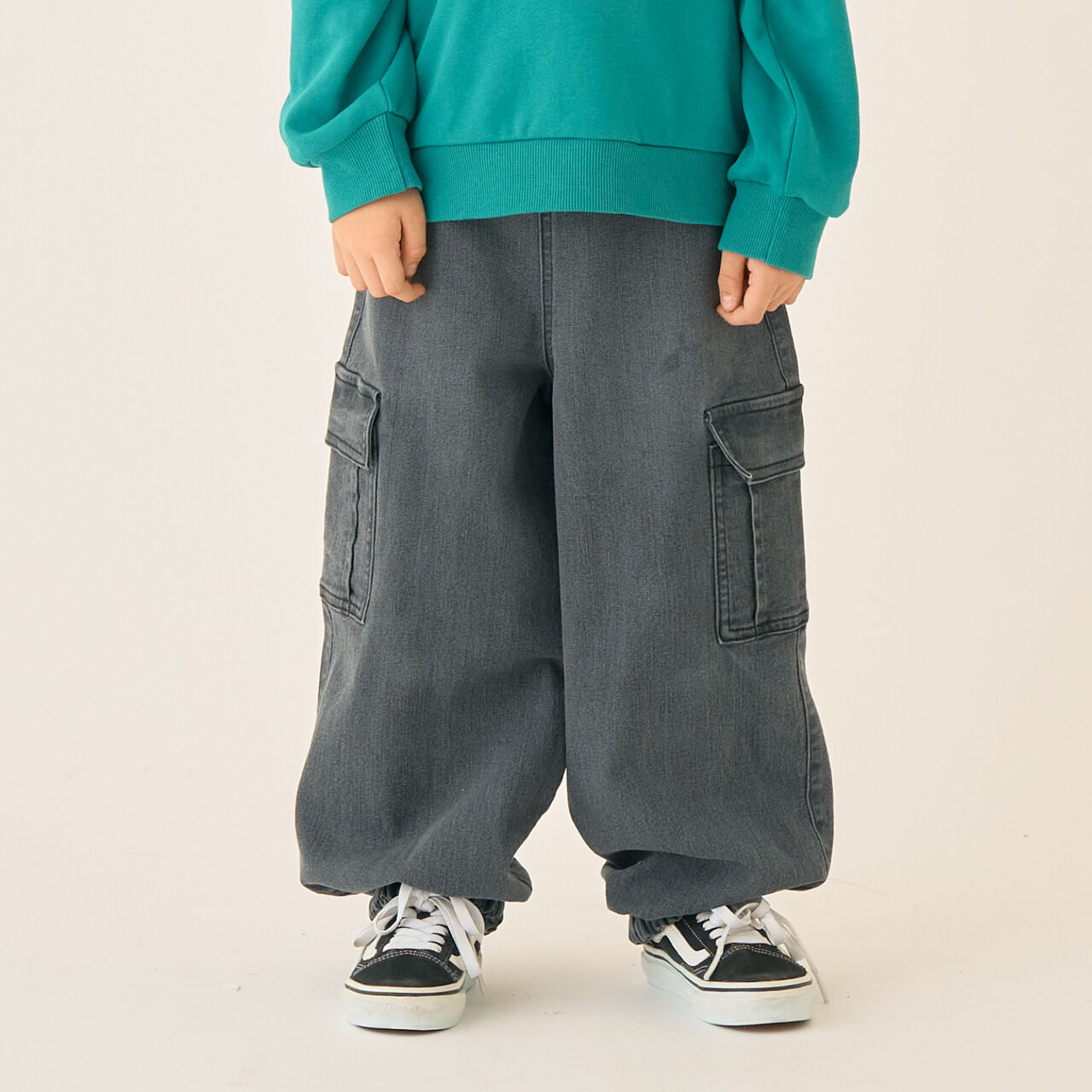 Stretch Denim Cargo Pants,Black, large image number 0