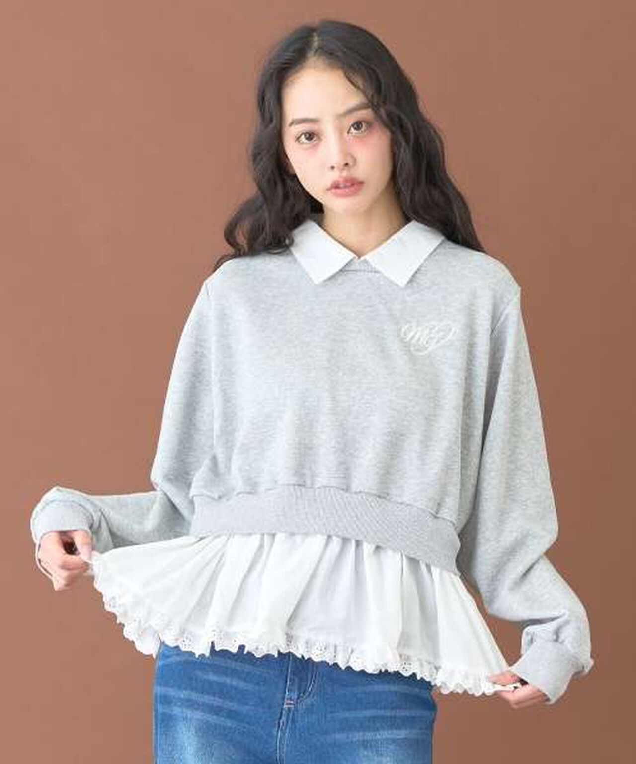 Layered Peplum Sweatshirt [Korean Fashion],Gray, large image number 0
