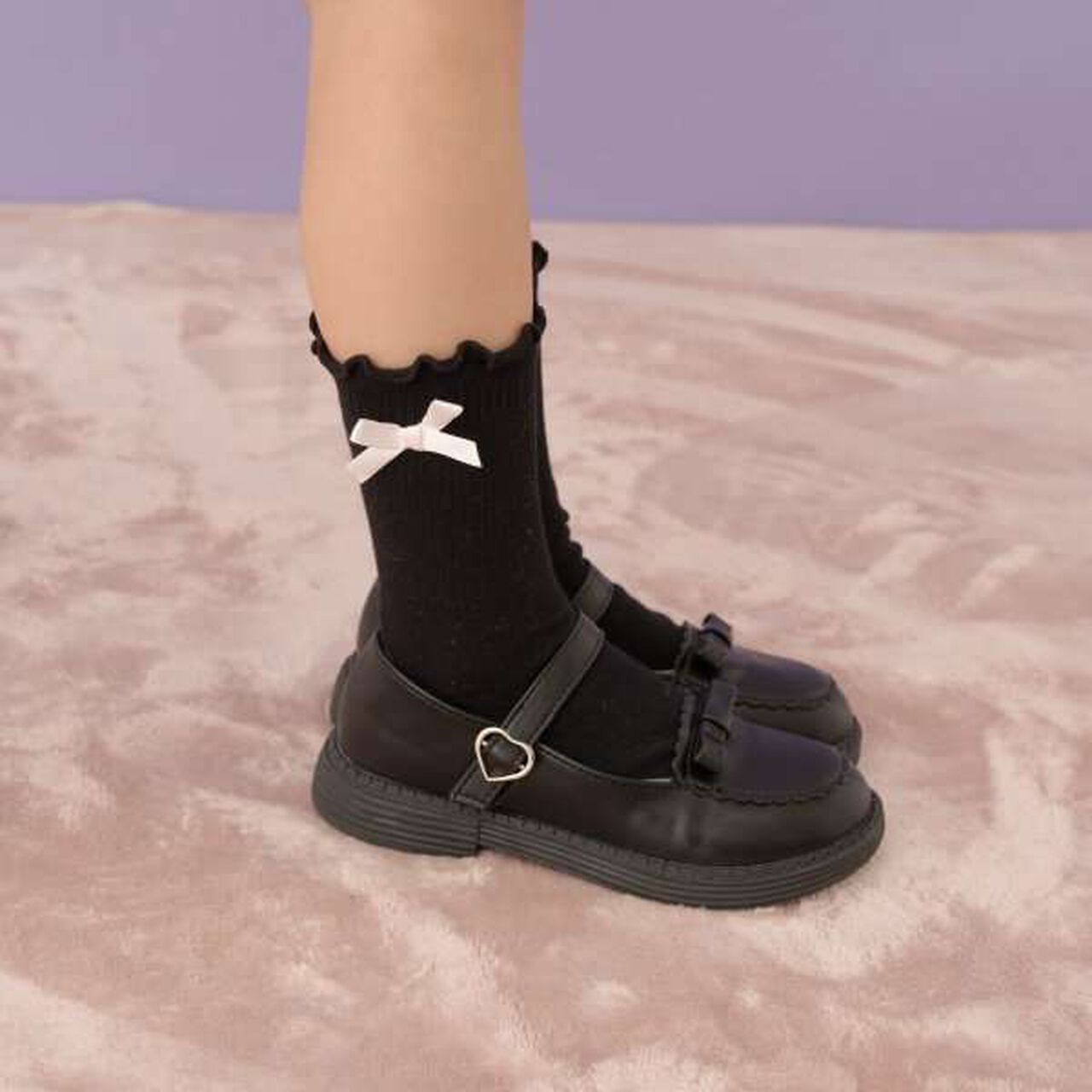 Ribbon-Trimmed Melody Crew Socks,Black, large image number 0