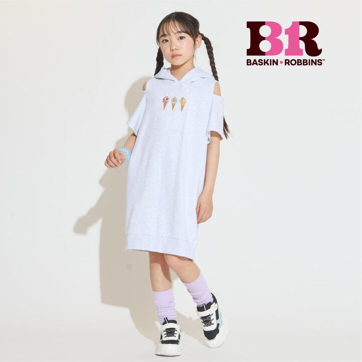 [31 Ice Cream] Cold-Shoulder Short-Sleeve Hoodie Dress,Smoke white, medium image number 0